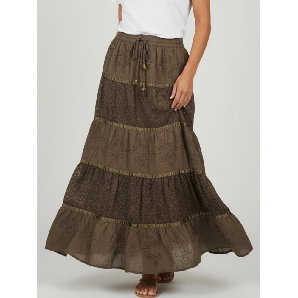 Vintage 90s Brown Tiered Midi Skirt Embroidered Boho 1X Elastic Peasant Earthy